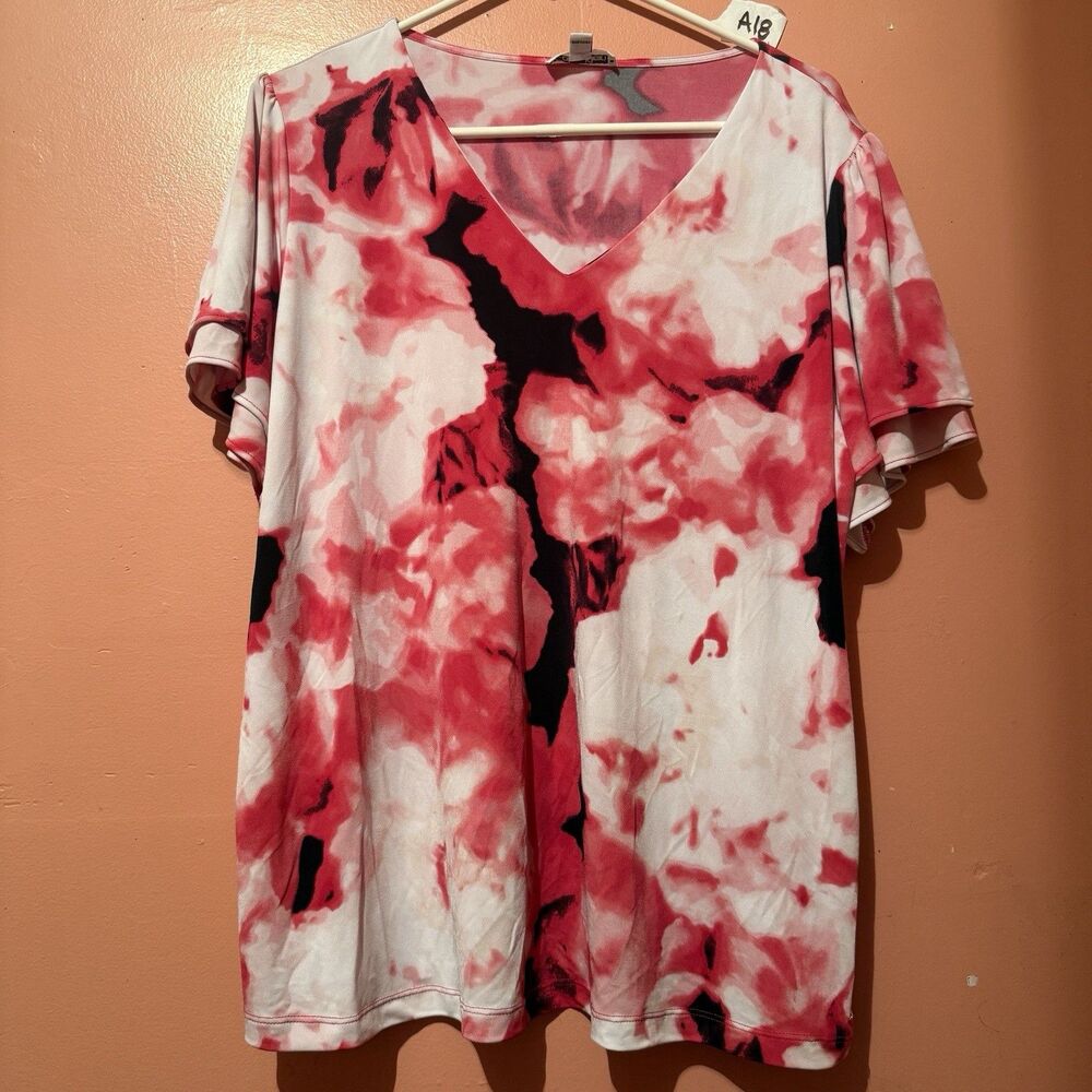 Calvin Klein Womens Blouse Plus 1X Extra Large Pink Tie Dye Short Sleeve Top
